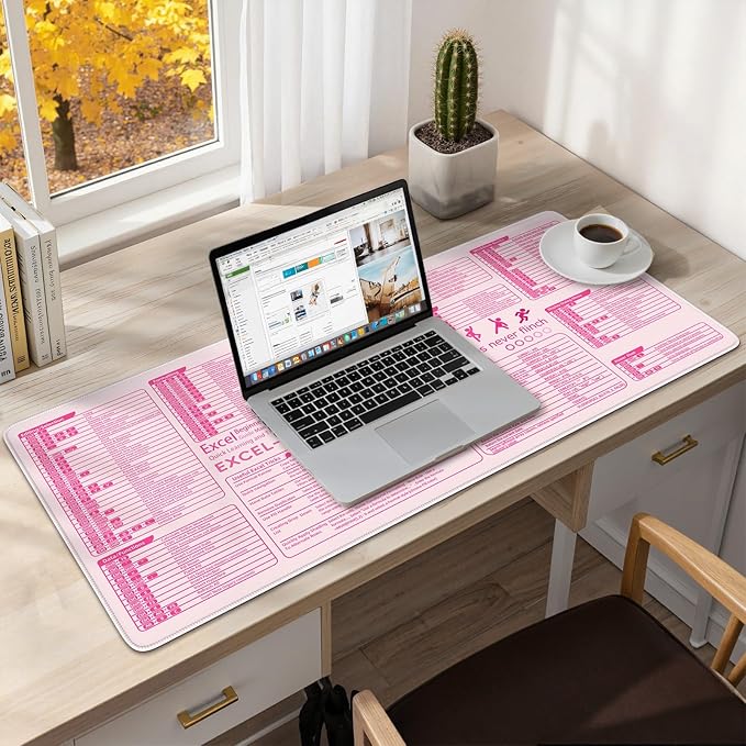 iCasso Pink Excel Cheat Sheet Desk Mat with Excel for Dummies,Excel Shortcuts Mousepad, Extended Large XXL Non-Slip Exel Mousepad with Stitched Edges,Computer Mats for Desktop Protector