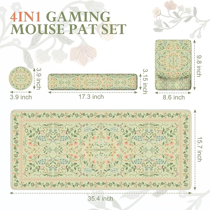 iCasso Mouse Pad with Wrist Rest,Large Desk Mat Set,Ergonomic Keyboard Pad with Wrist Support,Non-Slip Mouse Mat for Women,Cute Floral Computer Mat for Home Office Gaming (Bean Green)