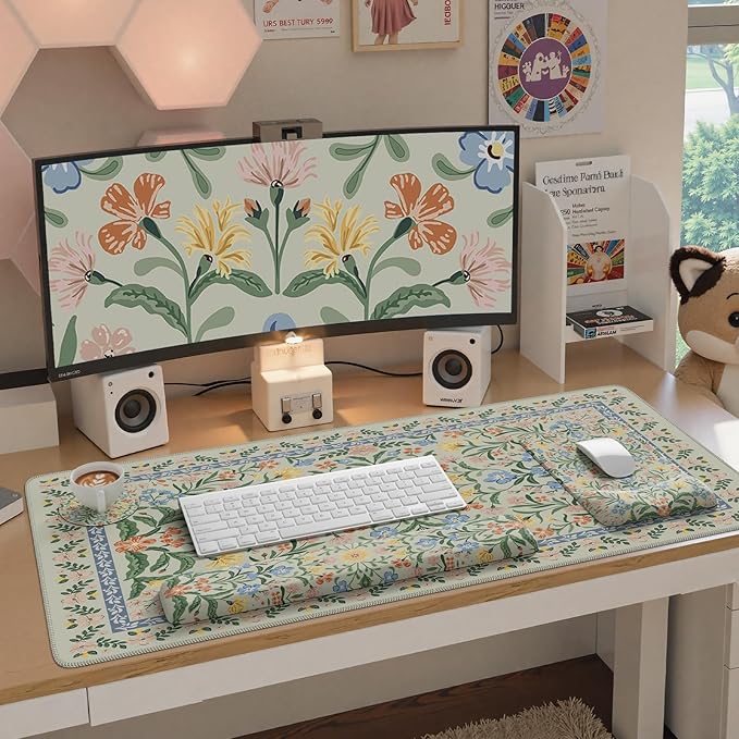 iCasso Mouse Pad with Wrist Rest,Large Desk Mat Set,Ergonomic Keyboard Pad with Wrist Support,Non-Slip Mouse Mat for Women,Cute Floral Computer Mat for Home Office Gaming (Light Green)