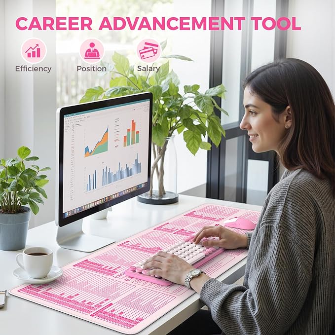 iCasso Pink Excel Cheat Sheet Desk Mat with Excel for Dummies,Excel Shortcuts Mousepad, Extended Large XXL Non-Slip Exel Mousepad with Stitched Edges,Computer Mats for Desktop Protector