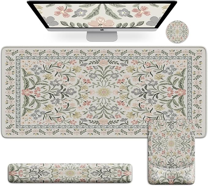 iCasso Mouse Pad with Wrist Rest,Large Desk Mat Set,Ergonomic Keyboard Pad with Wrist Support,Non-Slip Mouse Mat for Women,Cute Floral Computer Mat for Home Office Gaming (Gray)