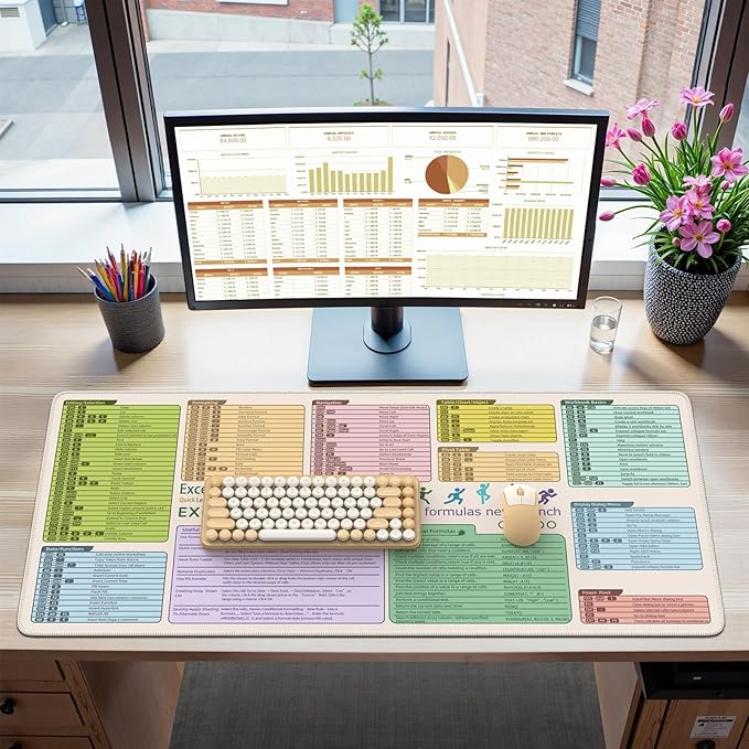 iCasso Excell Cheat Sheet Desk Mat, Excel Mouse Pad Shortcuts, Extended Large XXL Non-Slip Exel Mousepad with Stitched Edges,Keyboard Mats for Desktop Protector