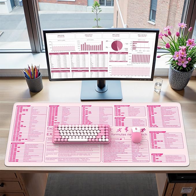 iCasso Pink Excel Cheat Sheet Desk Mat with Excel for Dummies,Excel Shortcuts Mousepad, Extended Large XXL Non-Slip Exel Mousepad with Stitched Edges,Computer Mats for Desktop Protector