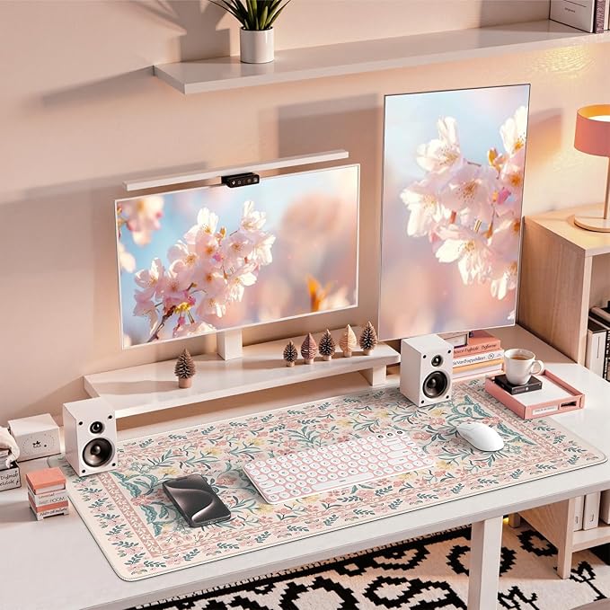iCasso Pink Floral Desk Mat, Desk Pad, XXL Large Mouse Pad, Anti-Slip Big Mousepad with Stitched Edges, Computer Mouse Pads for Desktop Decor, Cute Office Desk Accessories for Women(Pink)