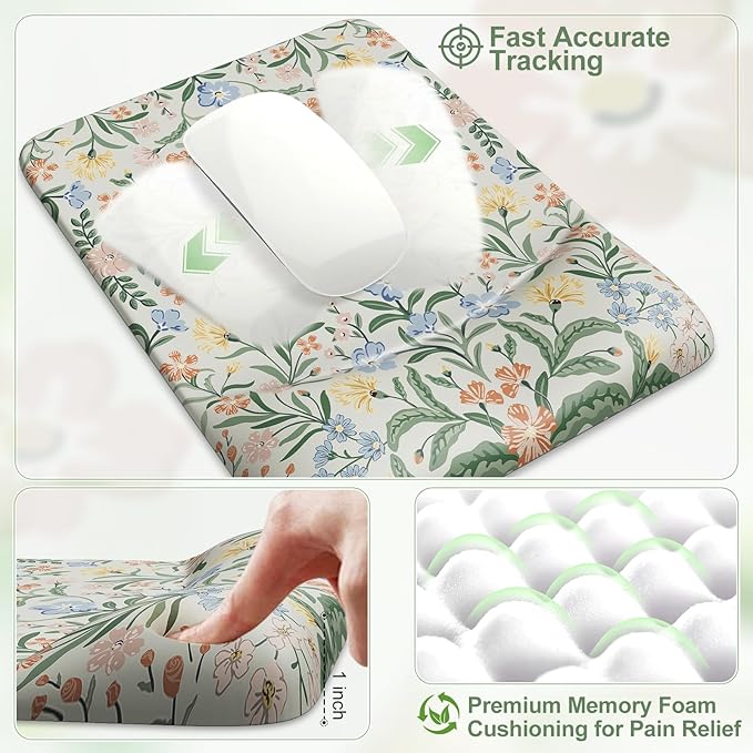 iCasso Mouse Pad with Wrist Rest,Large Desk Mat Set,Ergonomic Keyboard Pad with Wrist Support,Non-Slip Mouse Mat for Women,Cute Floral Computer Mat for Home Office Gaming (Light Green)
