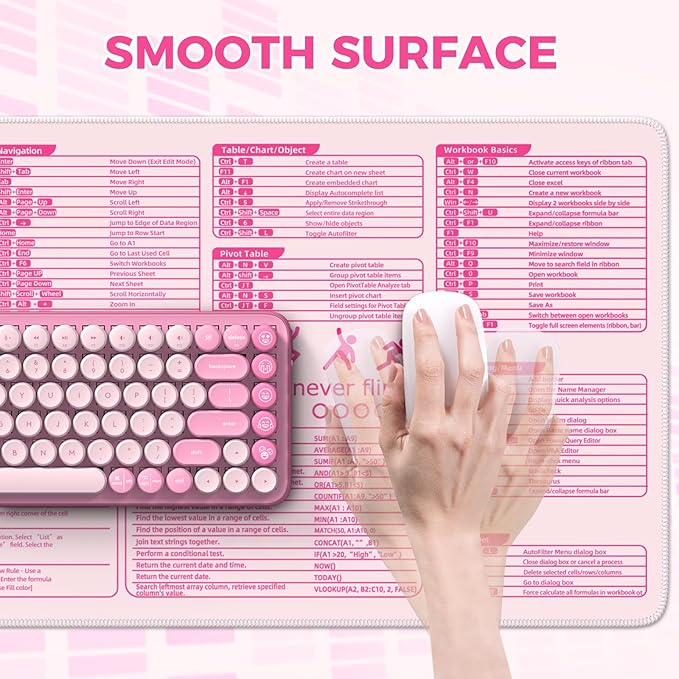 iCasso Pink Excel Cheat Sheet Desk Mat with Excel for Dummies,Excel Shortcuts Mousepad, Extended Large XXL Non-Slip Exel Mousepad with Stitched Edges,Computer Mats for Desktop Protector