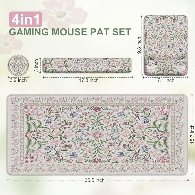 iCasso Mouse Pad with Wrist Rest,Large Desk Mat Set,Ergonomic Keyboard Pad with Wrist Support,Non-Slip Mouse Mat for Women,Cute Floral Computer Mat for Home Office Gaming (Purple)