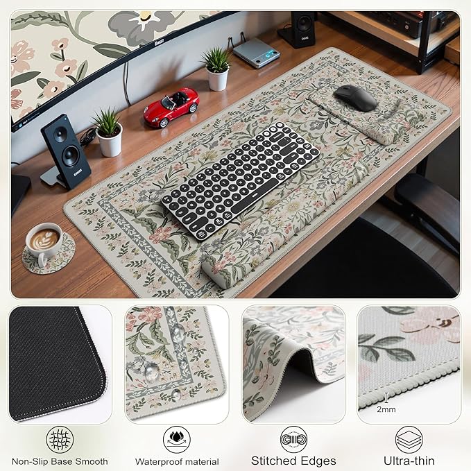 iCasso Mouse Pad with Wrist Rest,Large Desk Mat Set,Ergonomic Keyboard Pad with Wrist Support,Non-Slip Mouse Mat for Women,Cute Floral Computer Mat for Home Office Gaming (Gray)