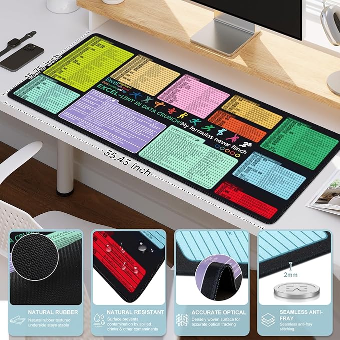 iCasso Excel Cheat Sheet Desk Pad Mat with Excel for Dummies 2025 Book, Excel Mouse Pad Shortcuts, Large Desk Mat, XXL Non-Slip Exel Mousepad with Stitched Edges for Desktop Protector
