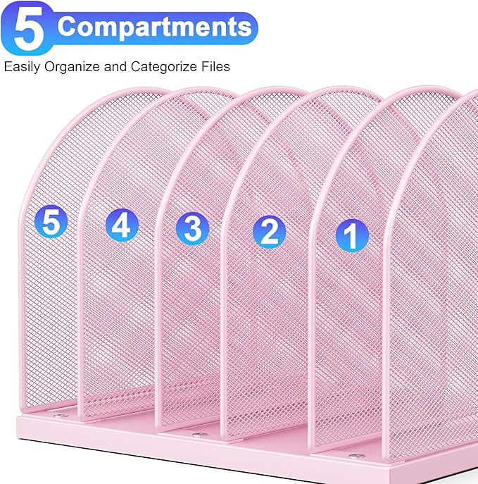 gianotter Desktop File Organizer, Desk Organizer with 5 Compartments, Paper Organizer for Desk, Workspace Organizers for Office Supplies (Pink, Upright Style)