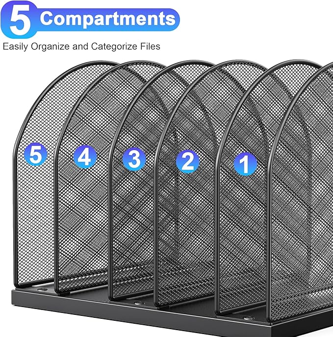 gianotter Desktop File Organizer, Desk Organizer with 5 Compartments, Paper Organizer for Desk, Workspace Organizers for Office Supplies (Black, Upright Style)